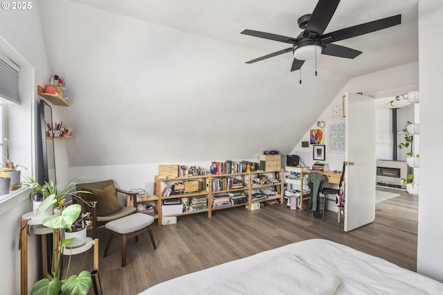 bedroom featuring vaulted ceiling, wood finished floors, and a ceiling fan