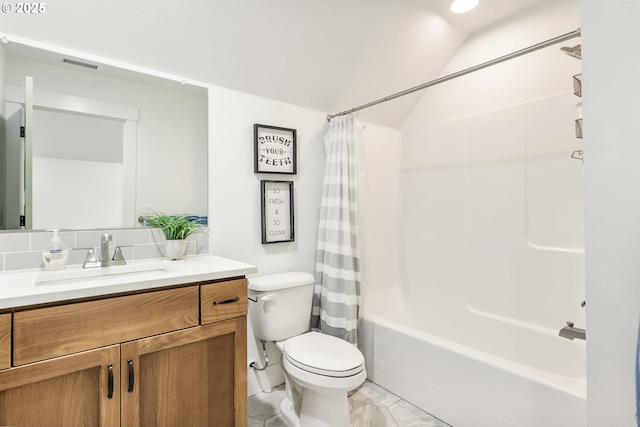 14015 NE 52nd Ave, Vancouver, WA 98686 - full bath featuring vanity, toilet, shower / bath combination with curtain, vaulted ceiling, and marble look tile flooring