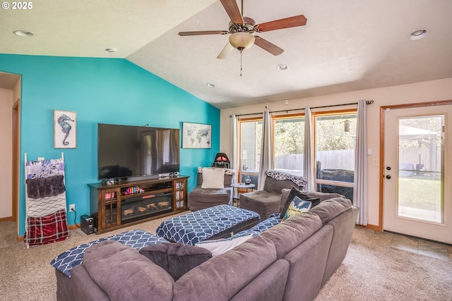 carpeted living room featuring lofted ceiling, a ceiling fan, baseboards, and recessed lighting