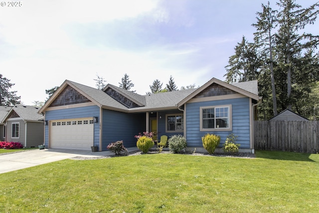 ranch-style home featuring an attached garage, driveway, and a shingled roof