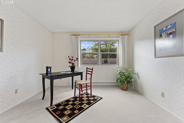 office featuring carpet flooring, a textured ceiling, and a baseboard radiator