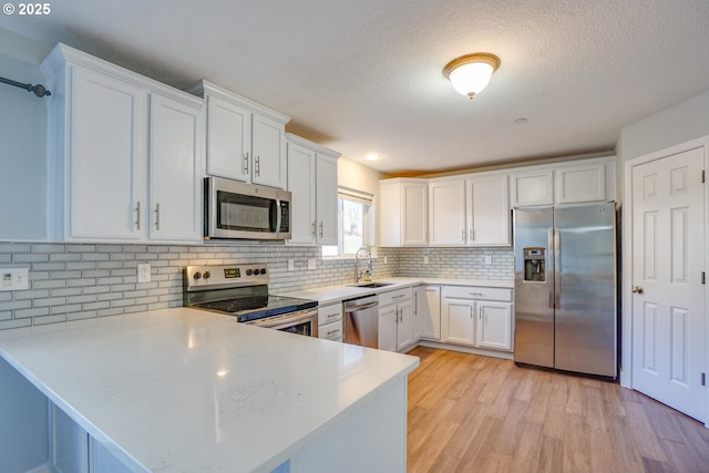 kitchen featuring sink, appliances with stainless steel finishes, white cabinetry, light hardwood / wood-style floors, and kitchen peninsula