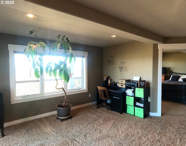 office featuring carpet, baseboards, and recessed lighting