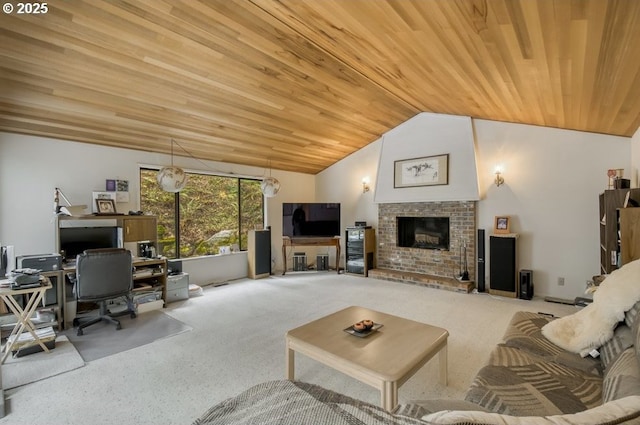 living area with carpet flooring, wooden ceiling, an office area, lofted ceiling, and a brick fireplace