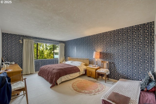 carpeted bedroom featuring wallpapered walls and a textured ceiling