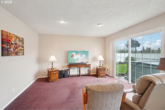 sitting room with a textured ceiling, carpet, and baseboards