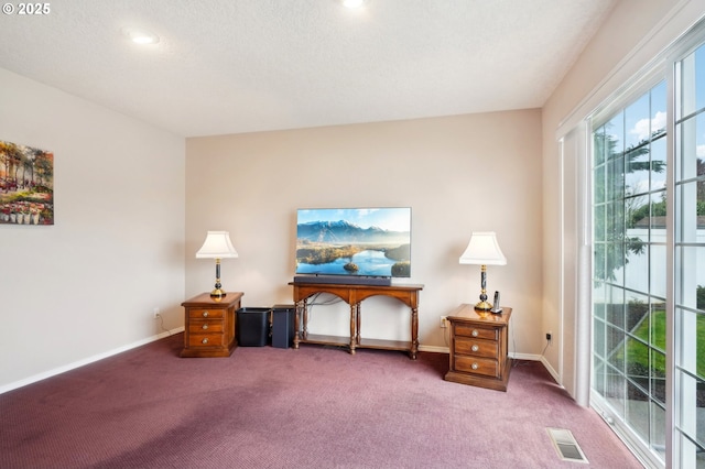 living area with a textured ceiling, carpet flooring, visible vents, and baseboards