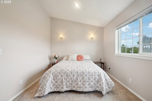 bedroom with carpet, a textured ceiling, and baseboards