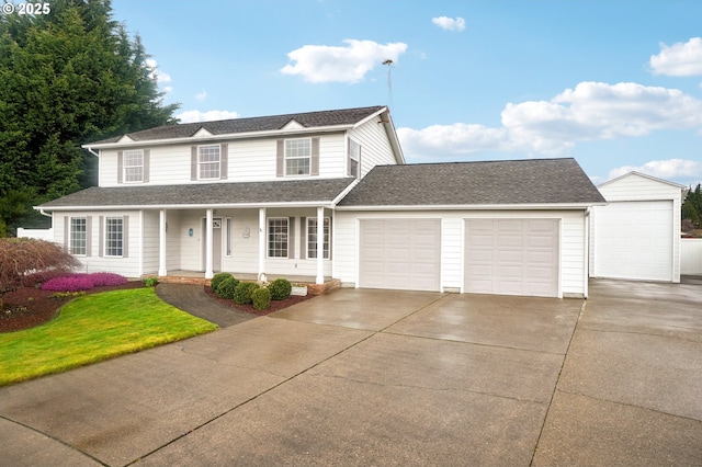 view of front of property with a garage, concrete driveway, a porch, and a shingled roof