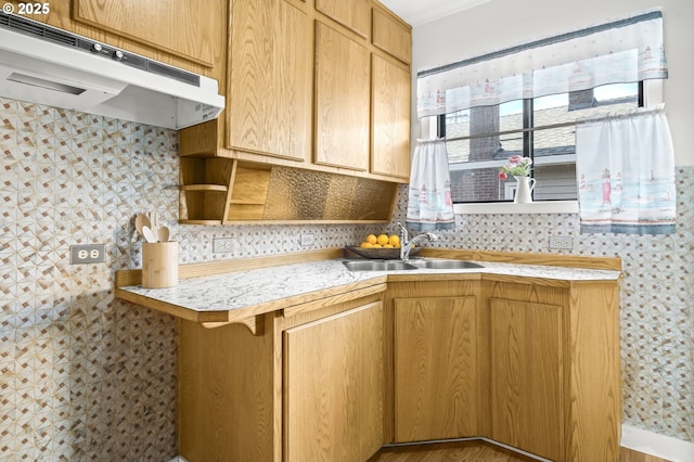 1422 NE 57th Ave, Portland, OR 97213 - kitchen featuring under cabinet range hood, light countertops, open shelves, and wallpapered walls