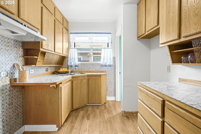 1422 NE 57th Ave, Portland, OR 97213 - kitchen featuring under cabinet range hood, open shelves, light wood-style floors, light countertops, and backsplash