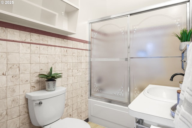 1422 NE 57th Ave, Portland, OR 97213 - bathroom with tile walls, enclosed tub / shower combo, and vanity
