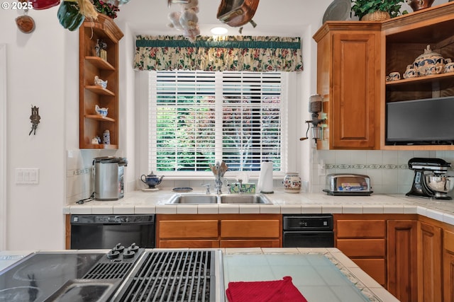 83485 Clear Lake Rd, Florence, OR 97439 - kitchen featuring dishwasher, open shelves, backsplash, and brown cabinets
