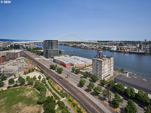 bird's eye view with a water view