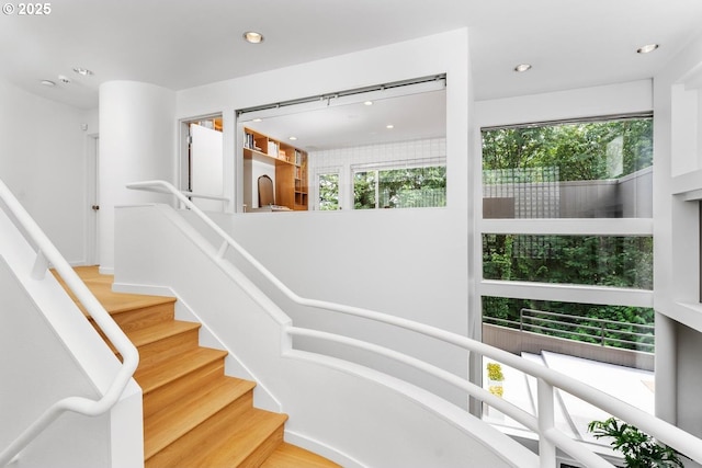 staircase with hardwood / wood-style flooring