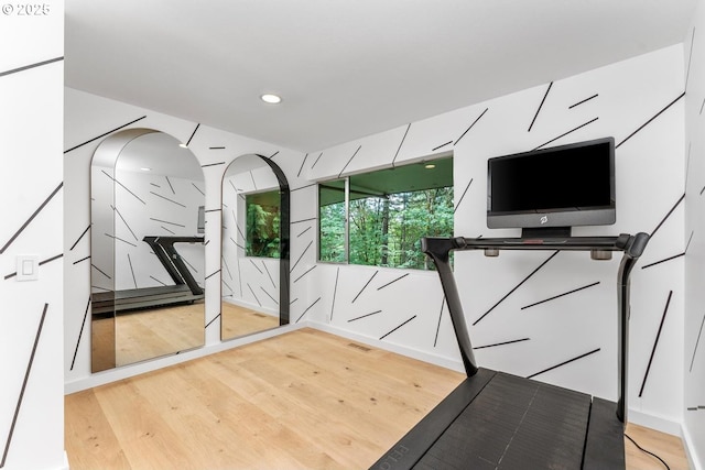 exercise room featuring hardwood / wood-style flooring