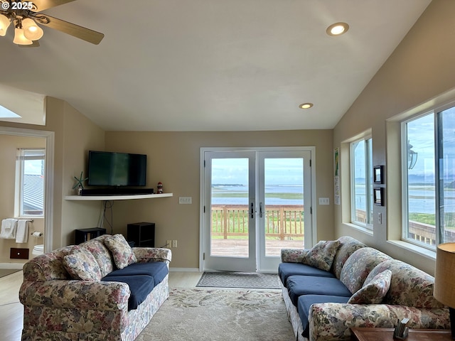 26230 Sandlake Rd, Cloverdale, OR 97112 - living area with recessed lighting, vaulted ceiling, wood finished floors, french doors, and baseboards