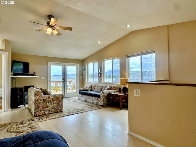 26230 Sandlake Rd, Cloverdale, OR 97112 - living room featuring plenty of natural light, light wood-type flooring, lofted ceiling, ceiling fan, and recessed lighting