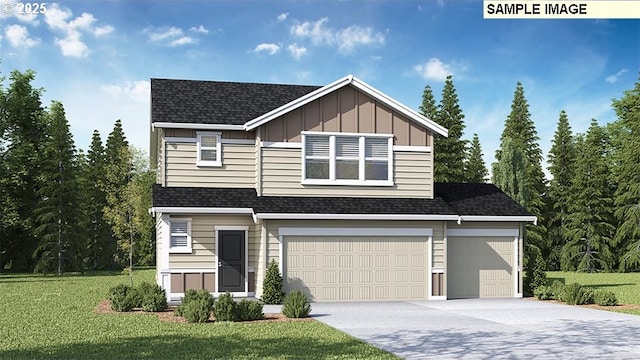 view of front of home featuring driveway, a front lawn, board and batten siding, a shingled roof, and a garage