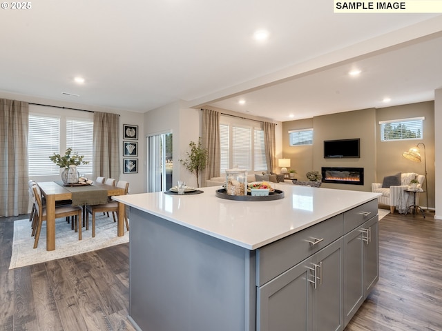 kitchen with dark hardwood / wood-style flooring and a center island