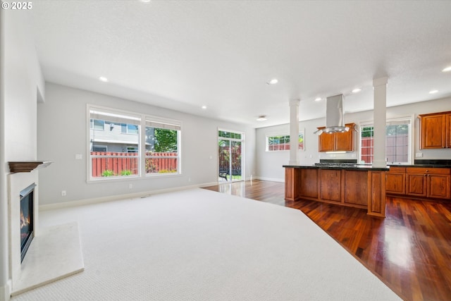 13733 NW Trevino St, Portland, OR 97229 - unfurnished living room with healthy amount of natural light, dark wood-style floors, recessed lighting, a glass covered fireplace, and baseboards