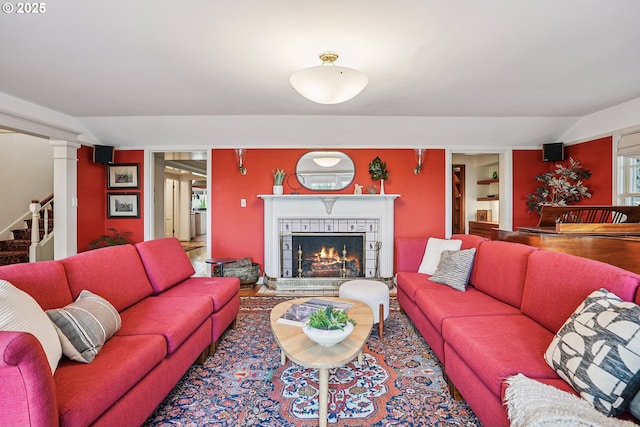 4317 SW Bernard Dr, Portland, OR 97239 - living area with a fireplace and stairs