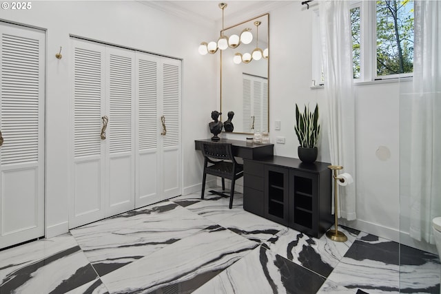 bedroom featuring ornamental molding, marble finish floor, and baseboards