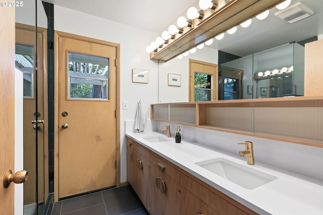 275 Sunset Dr, Eugene, OR 97403 - bathroom with tile patterned flooring, double vanity, and a tile shower