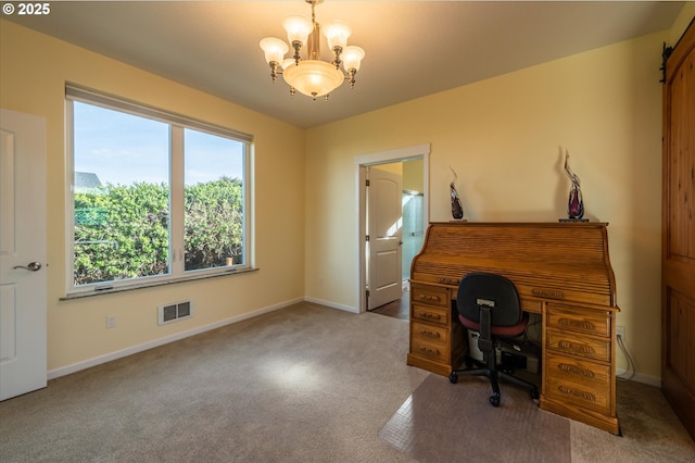 757 Newport Ave SW, Bandon, OR 97411 - carpeted home office with baseboards, a chandelier, and visible vents