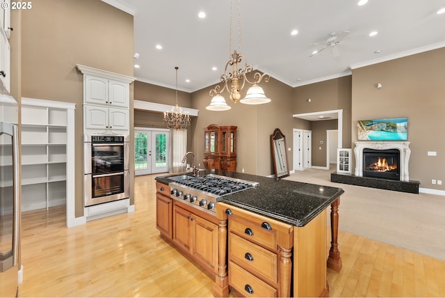 kitchen with french doors, appliances with stainless steel finishes, a glass covered fireplace, ornamental molding, and a sink