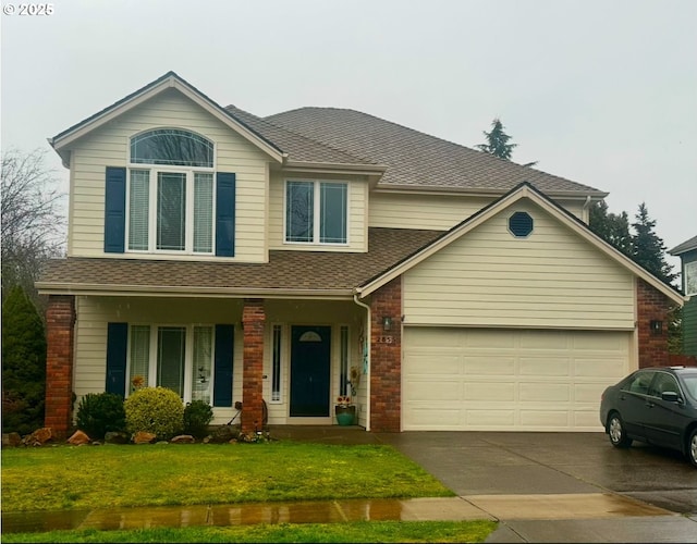 2855 NW Orchard Heights Ave, Albany, OR 97321 - traditional-style house with concrete driveway, a front lawn, an attached garage, a porch, and roof with shingles