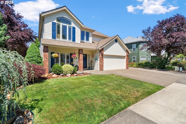 2855 NW Orchard Heights Ave, Albany, OR 97321 - traditional-style home with brick siding, driveway, a front yard, and a garage