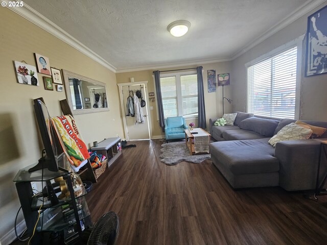 110 2nd St, Astoria, OR 97103 - living room featuring wood finished floors, ornamental molding, a textured ceiling, and baseboards