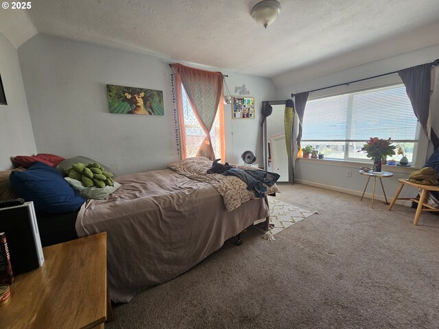110 2nd St, Astoria, OR 97103 - bedroom with vaulted ceiling, light carpet, baseboards, and a textured ceiling