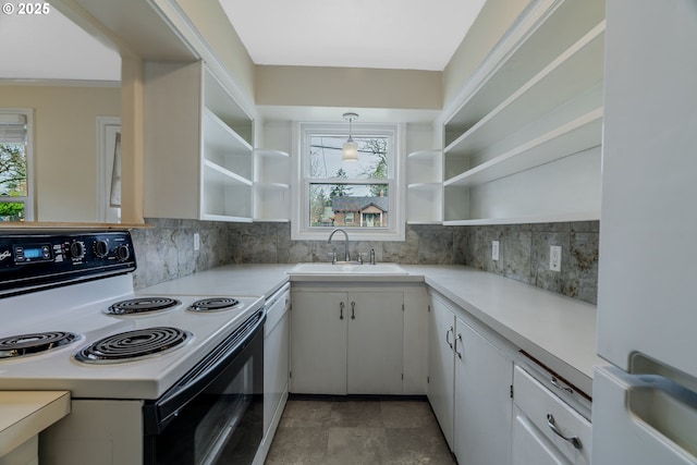 7644 SE Crystal Springs Blvd, Portland, OR 97206 - kitchen with white appliances, a sink, open shelves, and backsplash