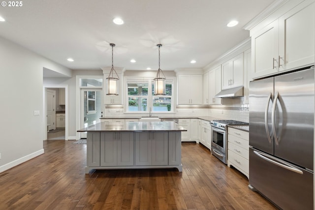 2760 SW Sylvania Ter, Portland, OR 97219 - kitchen featuring appliances with stainless steel finishes, under cabinet range hood, decorative backsplash, white cabinets, and recessed lighting