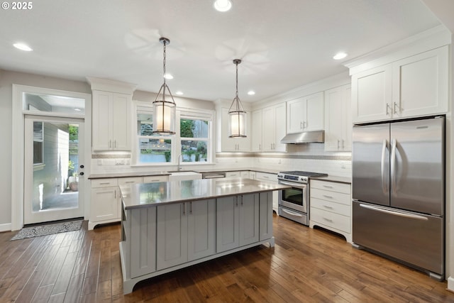 2760 SW Sylvania Ter, Portland, OR 97219 - kitchen with stainless steel appliances, under cabinet range hood, healthy amount of natural light, dark wood finished floors, and recessed lighting
