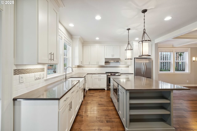 2760 SW Sylvania Ter, Portland, OR 97219 - kitchen with appliances with stainless steel finishes, open shelves, under cabinet range hood, decorative backsplash, and recessed lighting