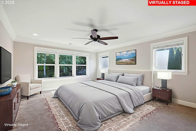 2760 SW Sylvania Ter, Portland, OR 97219 - bedroom featuring crown molding, recessed lighting, and ceiling fan