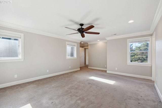 2760 SW Sylvania Ter, Portland, OR 97219 - unfurnished room featuring ornamental molding, healthy amount of natural light, ceiling fan, light colored carpet, and recessed lighting