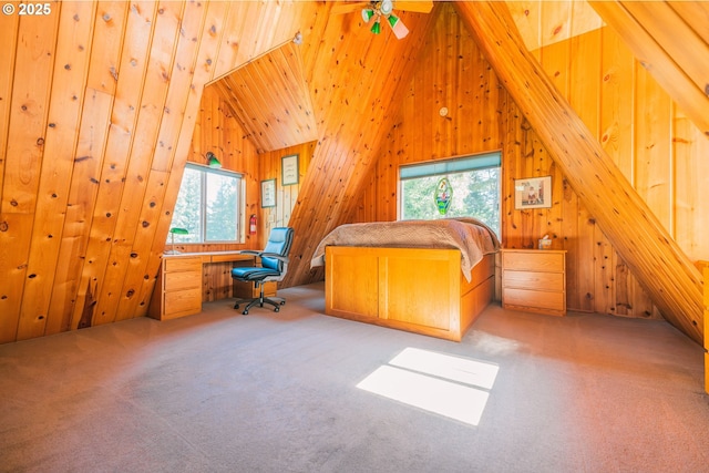 5920 Elkhead Rd, Yoncalla, OR 97499 - bedroom with multiple windows, carpet, wooden walls, and lofted ceiling