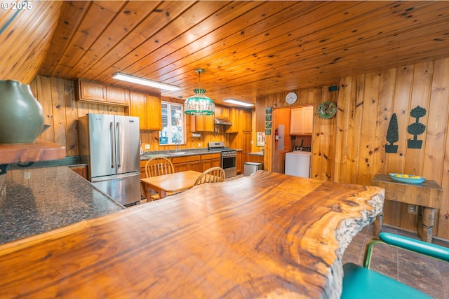 5920 Elkhead Rd, Yoncalla, OR 97499 - dining space featuring washer / clothes dryer, wood ceiling, and wood walls