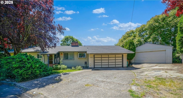7360 SE Imperial Ct, Milwaukie, OR 97222 - ranch-style home featuring a chimney, a detached garage, and roof with shingles