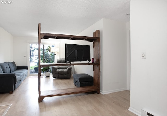 living room featuring wood finished floors, baseboards, baseboard heating, and a textured ceiling