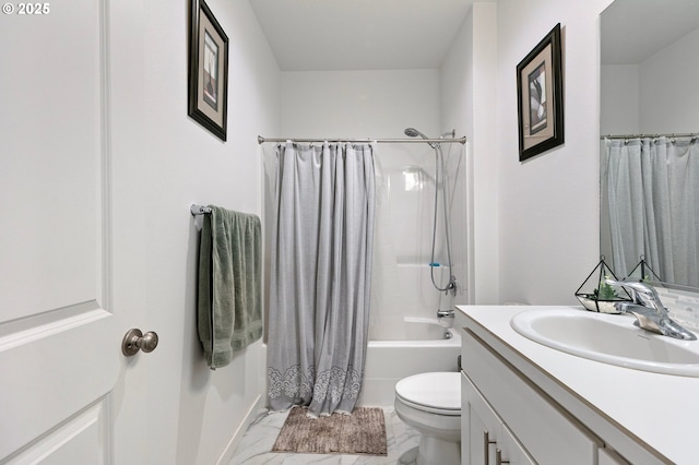 2504 Brackenfern Rd, Eugene, OR 97403 - bathroom featuring marble look tiles, vanity, toilet, and shower / tub combo with curtain