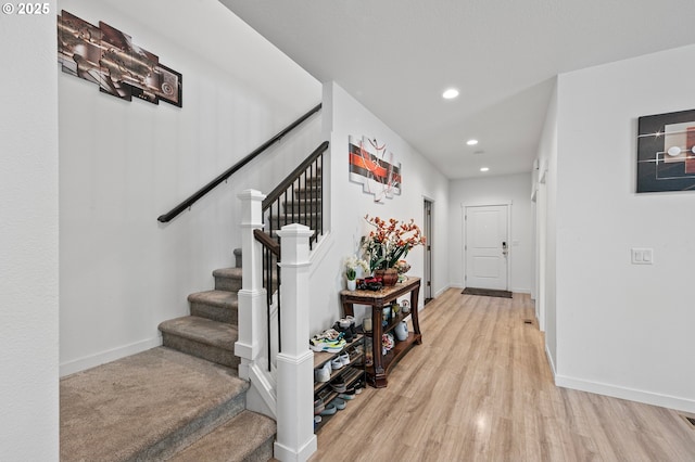 2504 Brackenfern Rd, Eugene, OR 97403 - foyer with light wood-style floors, recessed lighting, stairway, and baseboards