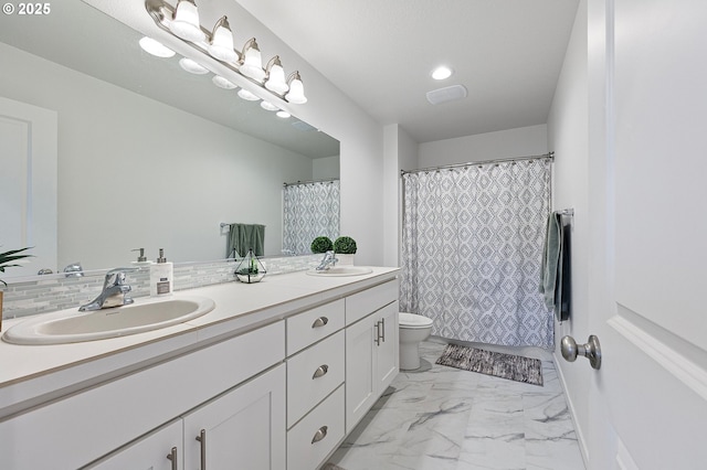 2504 Brackenfern Rd, Eugene, OR 97403 - full bathroom with double vanity, toilet, marble look tile flooring, curtained shower, and backsplash