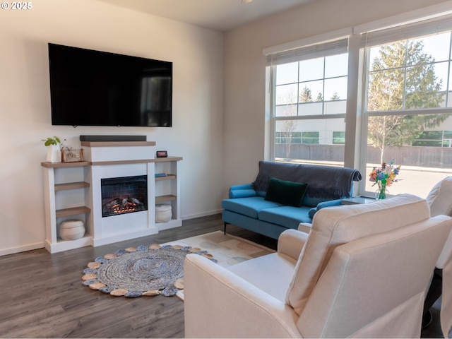 living room with dark hardwood / wood-style floors