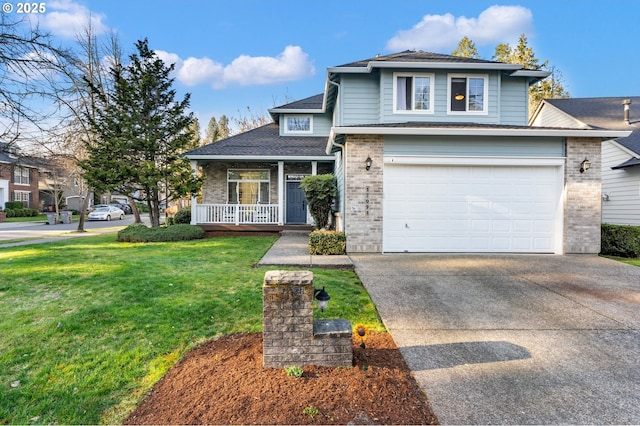 view of front of home with a porch, a garage, brick siding, driveway, and a front lawn