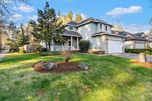 traditional-style house with stone siding, a porch, concrete driveway, and a front yard